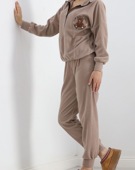 Baskılı Polar Pijama Takım Vizon - 101002.1049.