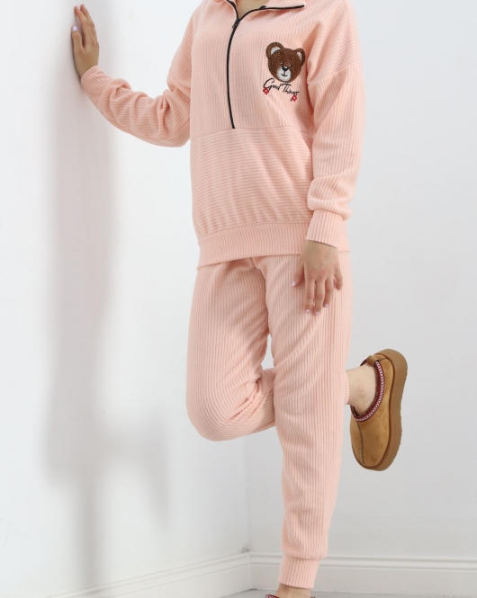 Baskılı Polar Pijama Takım Somon - 101003.1049.