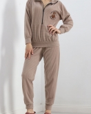 Baskılı Polar Pijama Takım Vizon - 101002.1049.