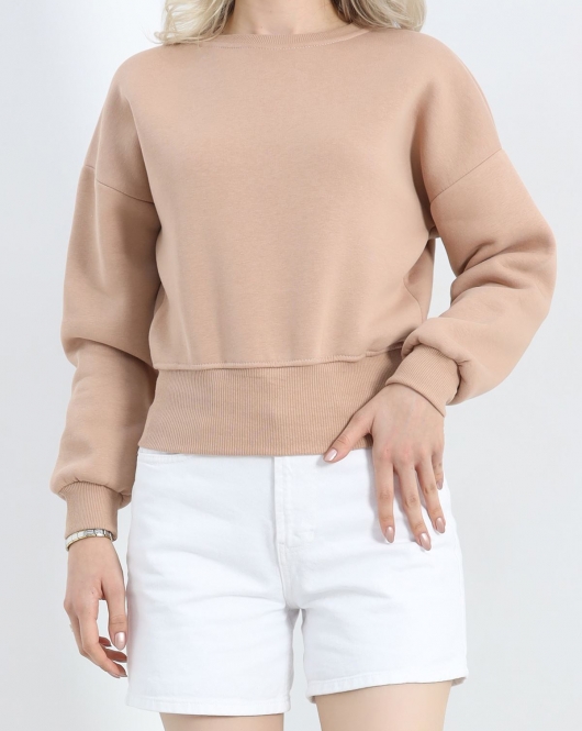 Bisiklet Yaka 3 İplik Crop Sweat Bej - 20968.1878.