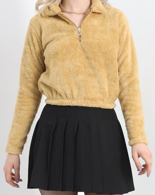 Fermuarlı Crop Peluş Sweat Camel - 9060.1153.