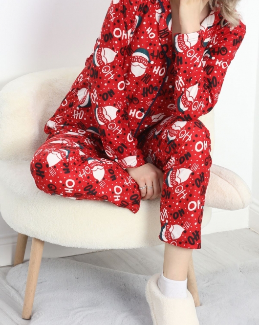 Düğmeli Süet Pijama Takımı Kırmızıbeyaz - 6486.1902.