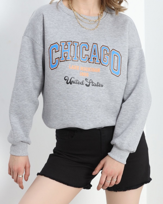 3 İplik Baskılı Unisex Sweat Gri - 30188.1878.