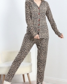 Düğmeli Süet Pijama Takımı Leopar - 30244.1050.