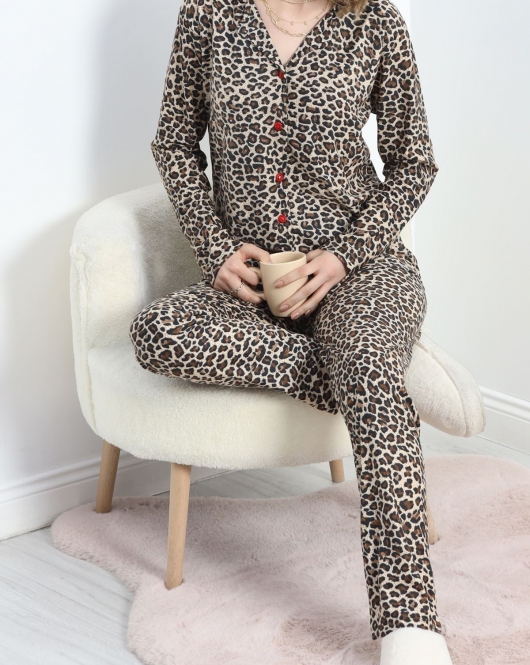 Düğmeli Süet Pijama Takımı Leopar - 30244.1050.