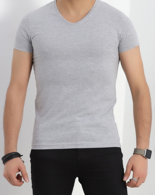 Erkek Slim Fit Kısa Kol V Yaka Body Gri - 19956.200.